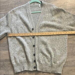 Vintage Gray Wool Cardigan Sweater Leather-Look Buttons Grandpacore Oversized